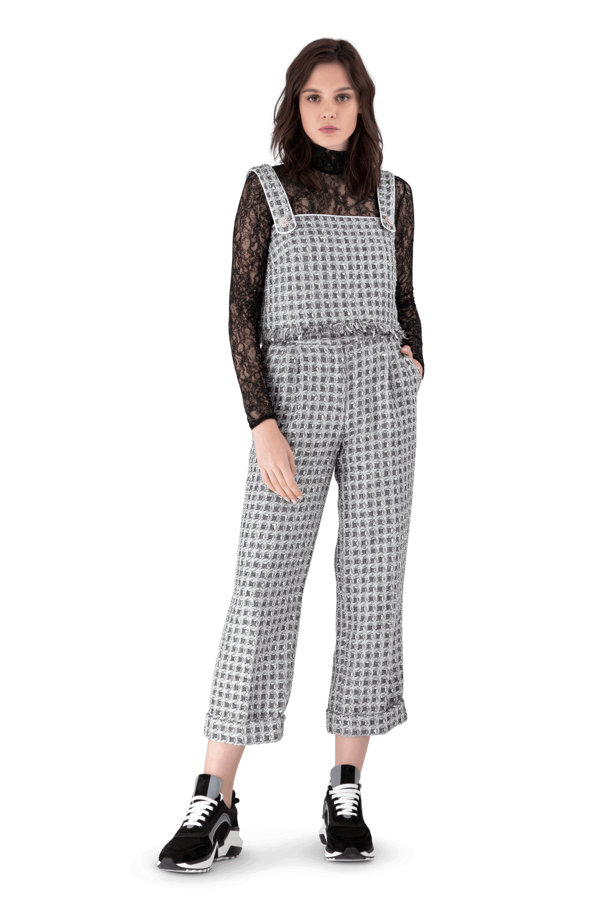 Black And White Tweed Straight Leg Trousers